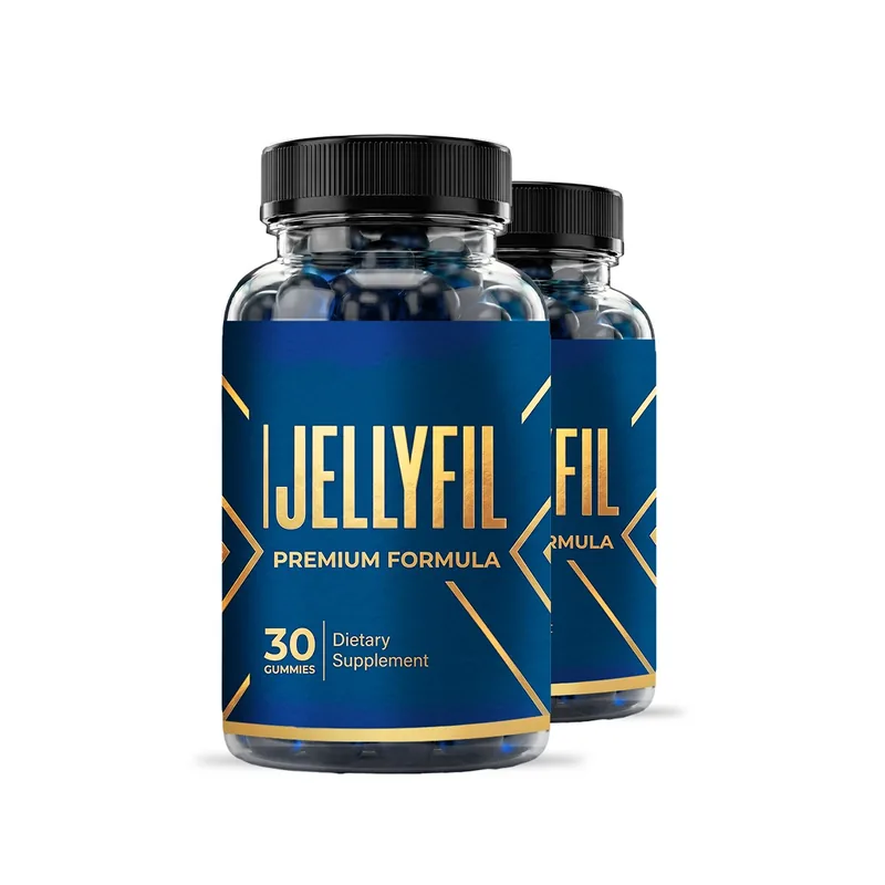 A bottle of JellyFil male vitality gummies beside a single chewable gummy on a plain surface