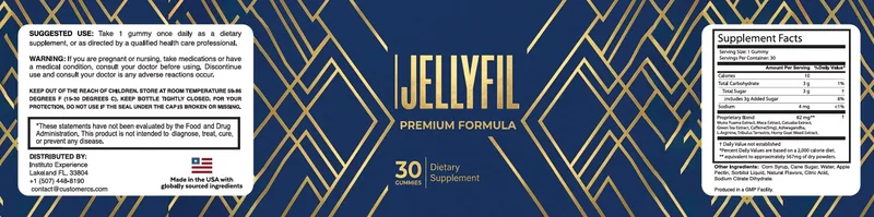 JellyFil bottle beside a flat-lay of its nine botanical ingredients — maca root, green tea leaves, and dried herbs labeled by name